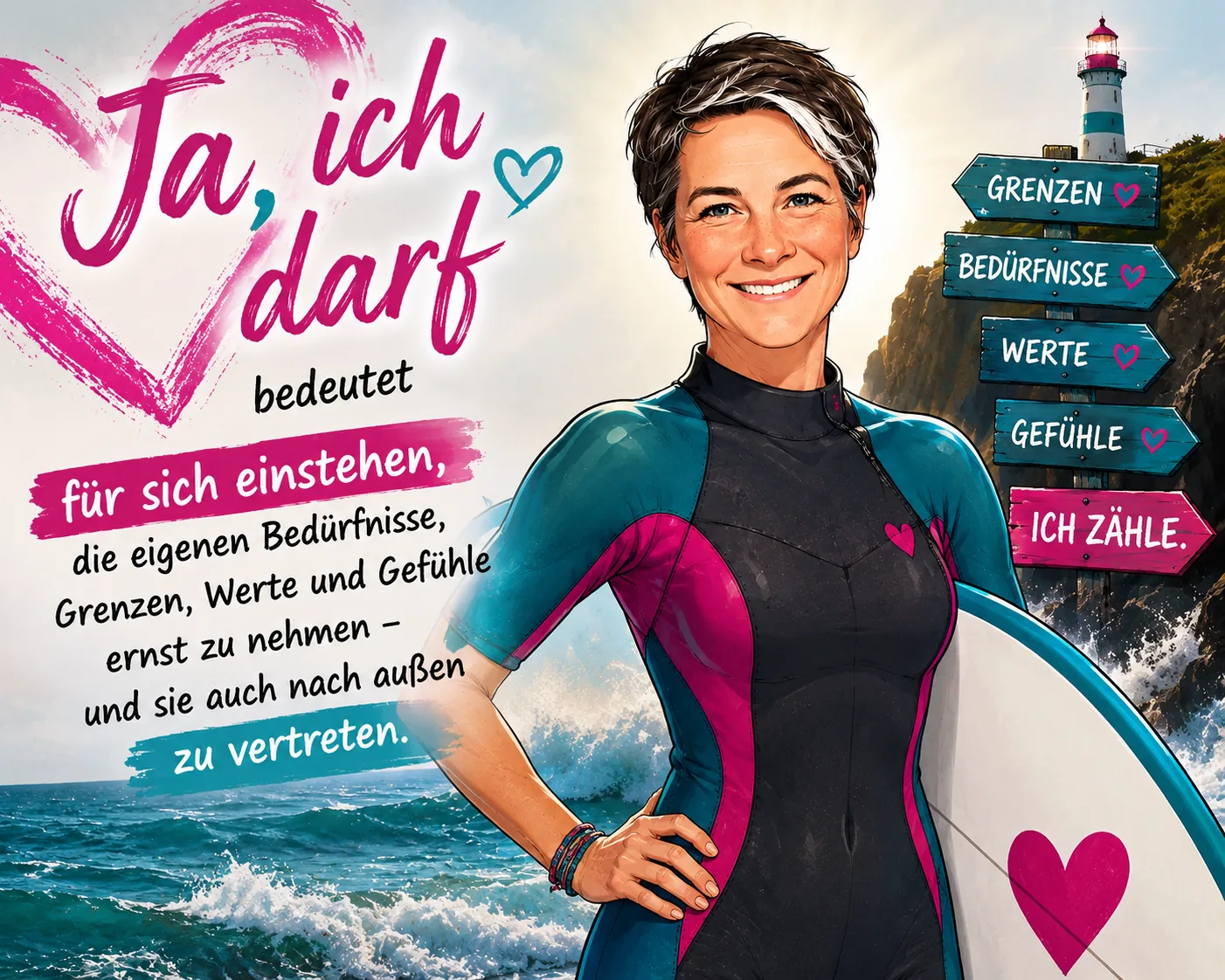 Ja, ich darf – Janine Knüppel im Neoprenanzug mit Surfbrett am Meer, daneben ein Wegweiser mit den Aufschriften Grenzen, Bedürfnisse, Werte, Gefühle, Ich zähle. Text im Bild: Ja, ich darf bedeutet für sich einstehen, die eigenen Bedürfnisse, Grenzen, Werte und Gefühle ernst zu nehmen – und sie auch nach außen zu vertreten.